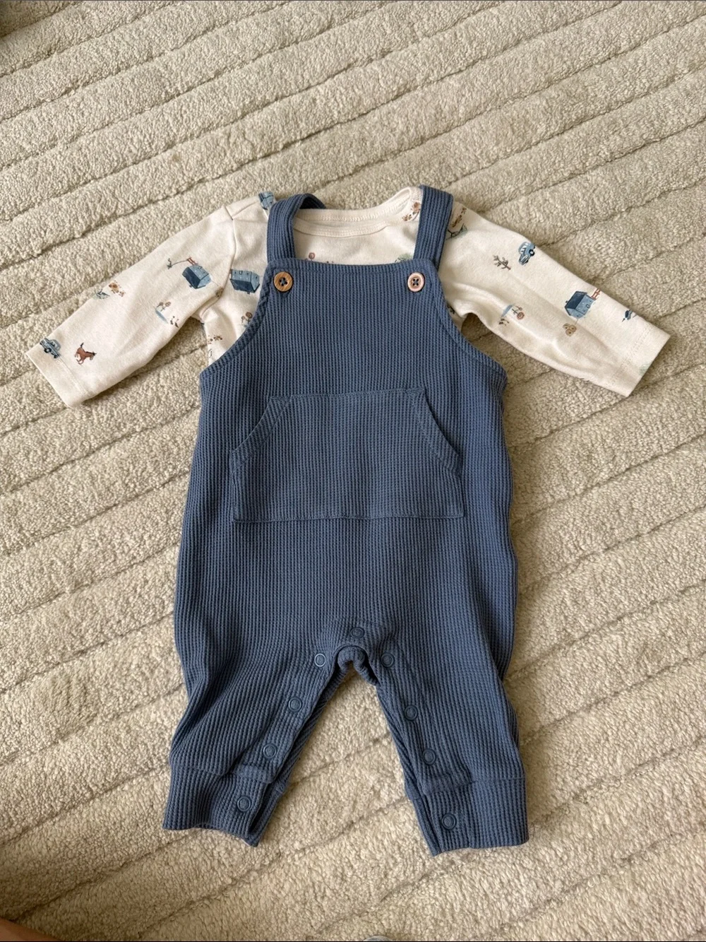 Carter’s Blue Knit Overalls with Cream Printed shirt 3 months